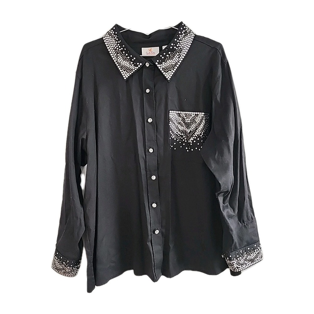 Quacker‎ Factory Button Down Shirt Womens 2X Black Rhinestone Embellished Bling